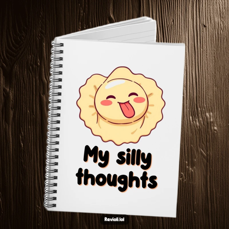 Funny ravioli makes silly face, tongue out, spinning, notebook.
