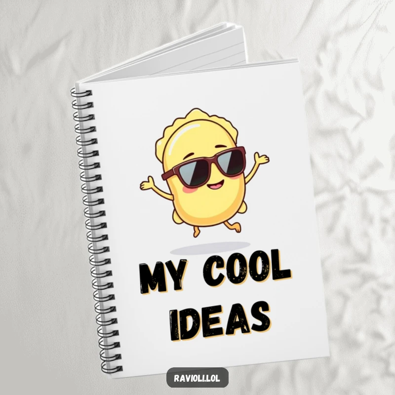 Funny ravioli wearing sunglasses hops with a confident grin, notebook for jotting ideas.