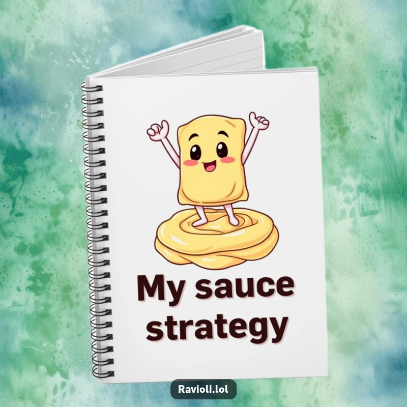Funny notebook cover depicting a ravioli character in a triumphant pose on a creamy sauce swirl, perfect for jotting down ideas with Italian culinary humor.