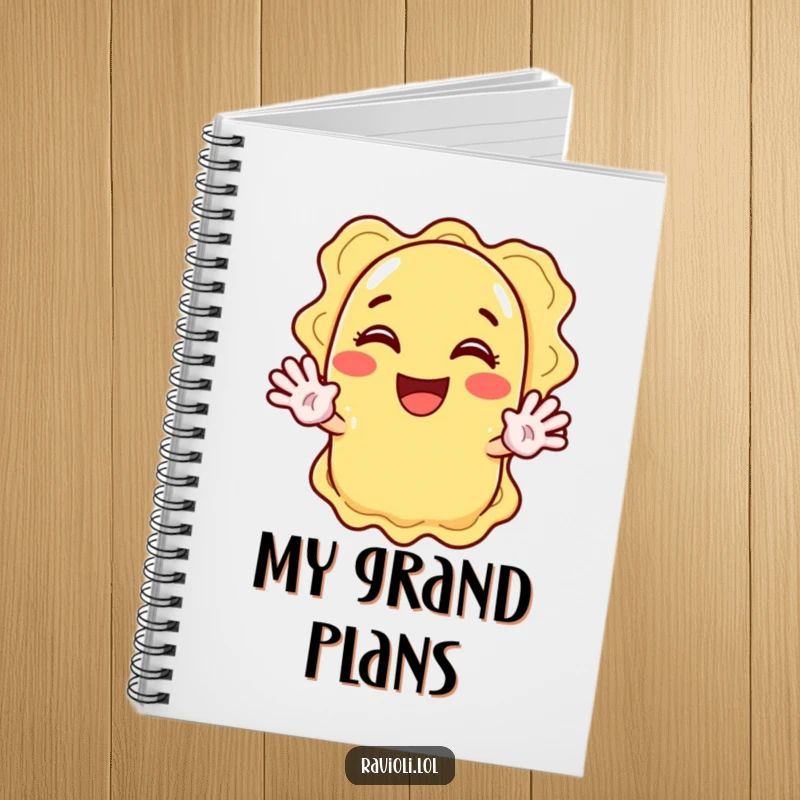 Funny ravioli character enthusiastically waving with both hands, a funny and motivational notebook cover.