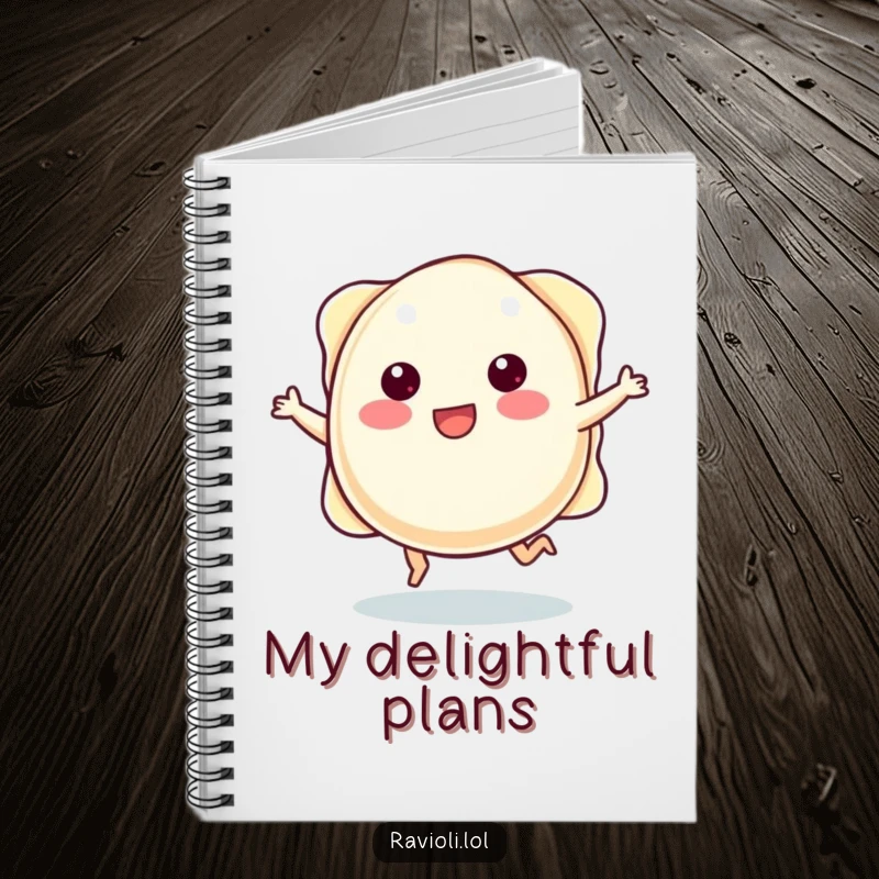 Funny plump ravioli character with tiny legs joyfully skipping, on a notebook for writing happy thoughts.
