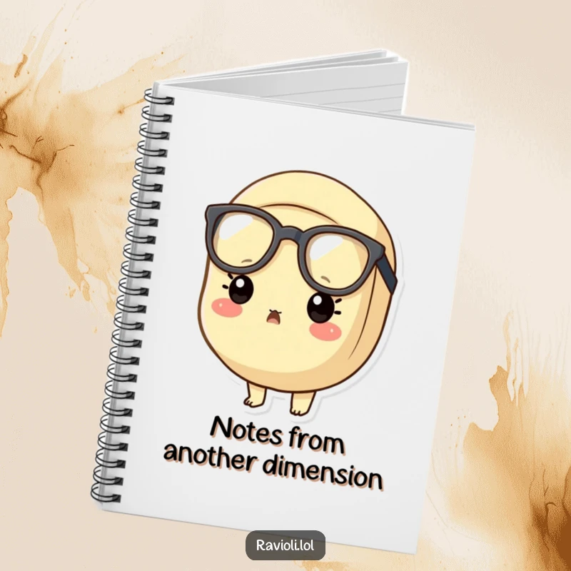 Funny surprised ravioli notebook featuring a ravioli character in oversized glasses with a shocked expression, ideal for notes.