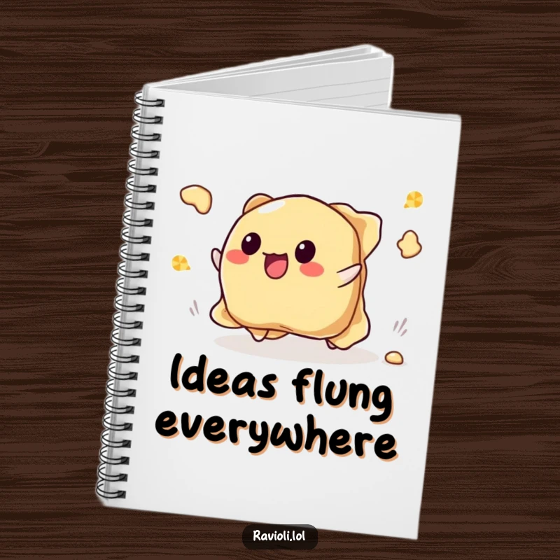 Funny tripping ravioli notebook featuring a ravioli character falling and its filling spilling out joyfully, ideal for notes.