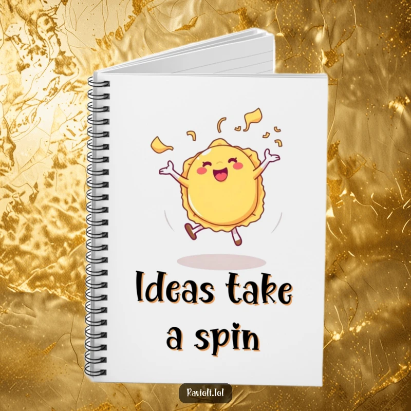 Funny Ravioli Notebook featuring a ravioli character doing a cartwheel with pasta steam, perfect for jotting down funny ideas.