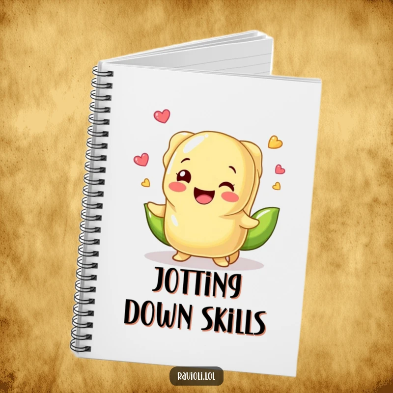 Funny ravioli character juggling small peas on the cover of a notebook, encouraging creative thought and laughter.