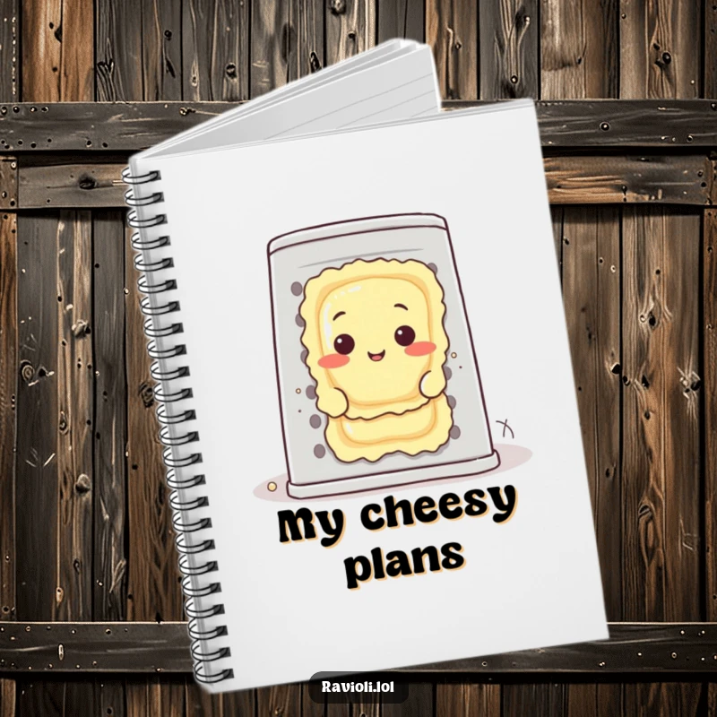 Funny ravioli character peeking from behind a large cheese grater on a notebook cover, a delightful and humorous stationery item.