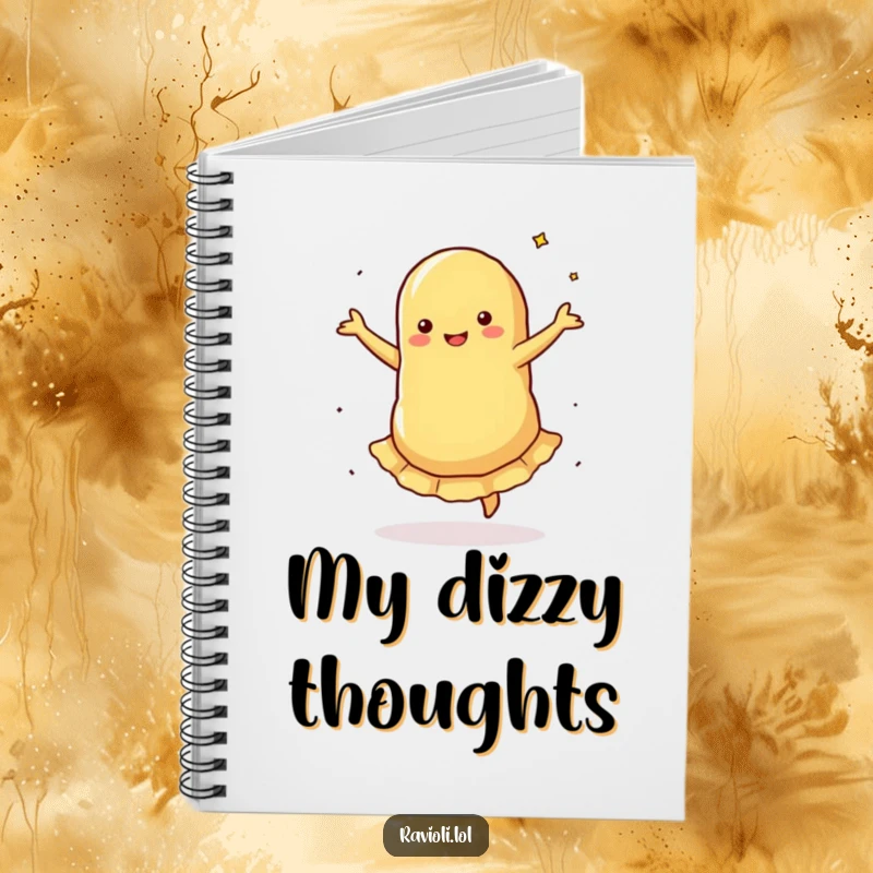 Funny Notebook: A ravioli does a silly pirouette with spinning filling, providing a humorous cover for your notes and creative endeavors.