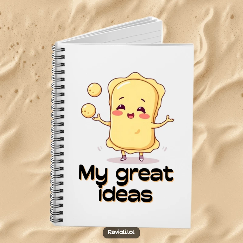 Funny ravioli character enthusiastically juggling three cheese balls, featured on the cover of a notebook for creative minds.