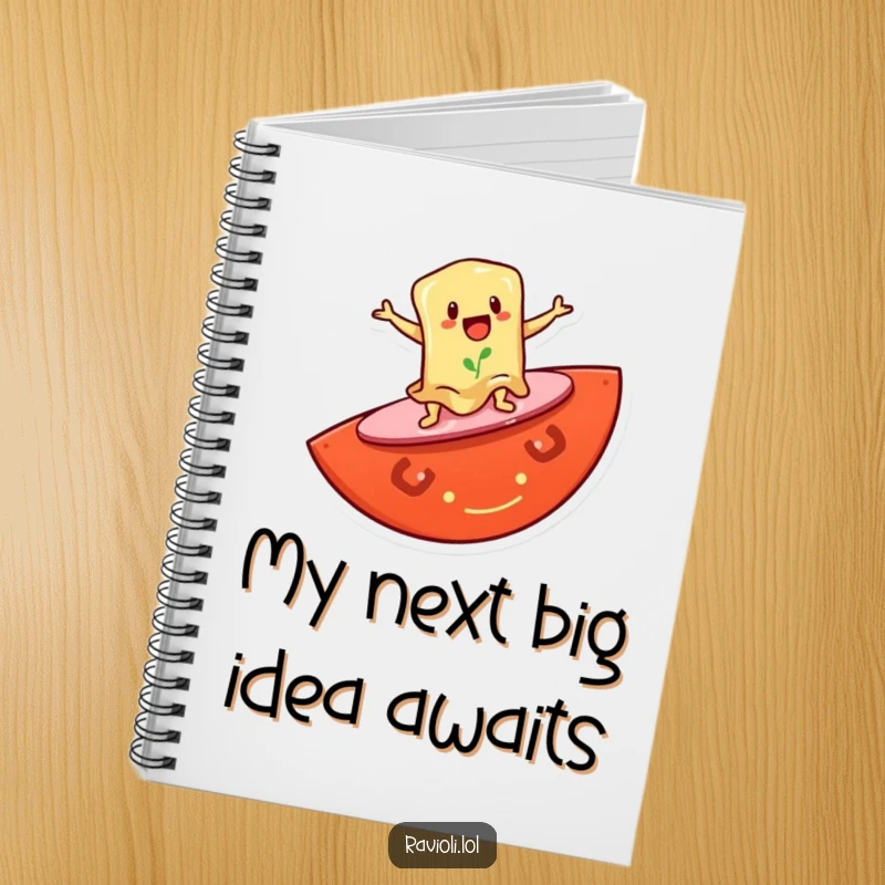 Funny notebook with a ravioli character surfing on a giant tomato slice, ideal for jotting down creative ideas and beach plans humorously.
