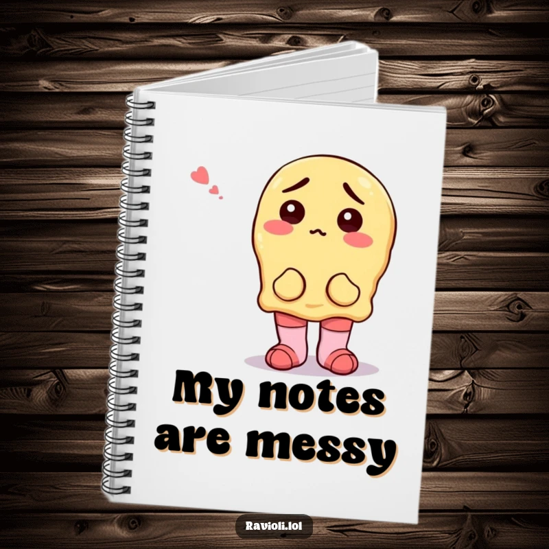 Notebook cover adorned with a funny ravioli character looking confused while wearing two different socks, inspiring quirky thoughts.