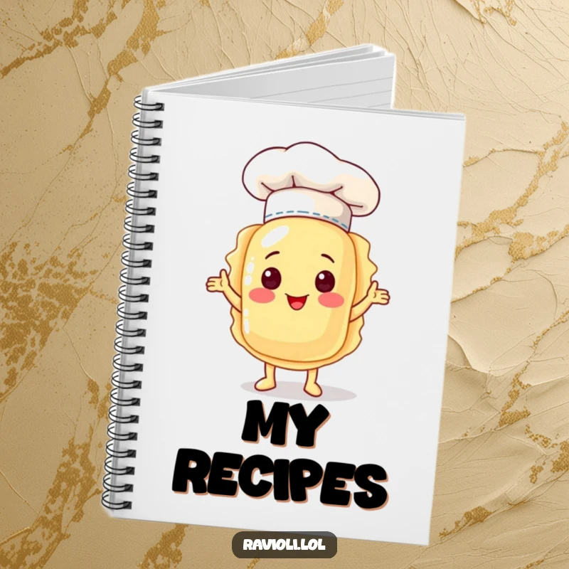 Notebook cover with a funny ravioli character in a chef hat, proudly presenting itself, ideal for jotting down recipes and ideas.