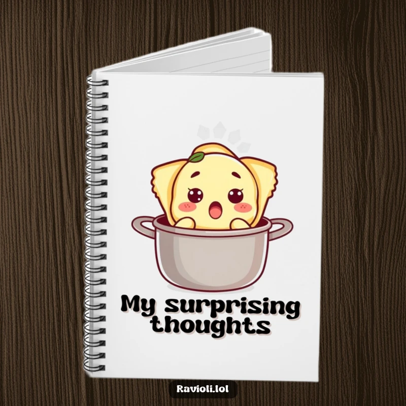 Funny ravioli character with a surprised expression popping out of a pot on a notebook cover, inspiring humorous writing.