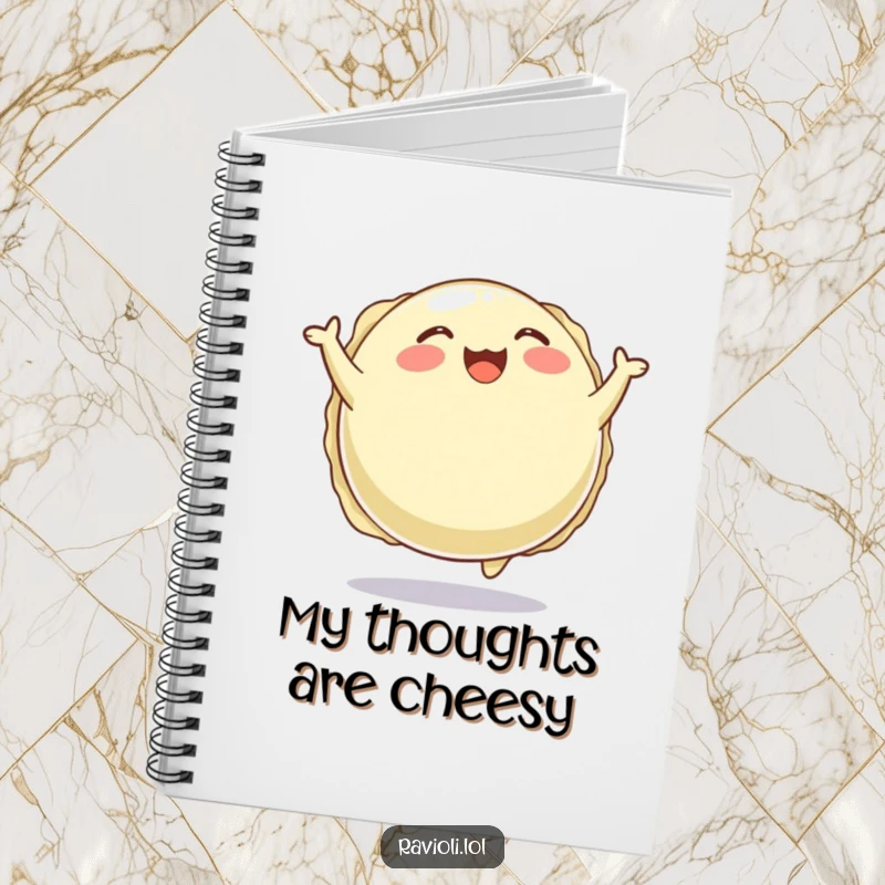 Funny notebook featuring a plump, round ravioli character joyfully bouncing, ideal for jotting down notes and ideas.