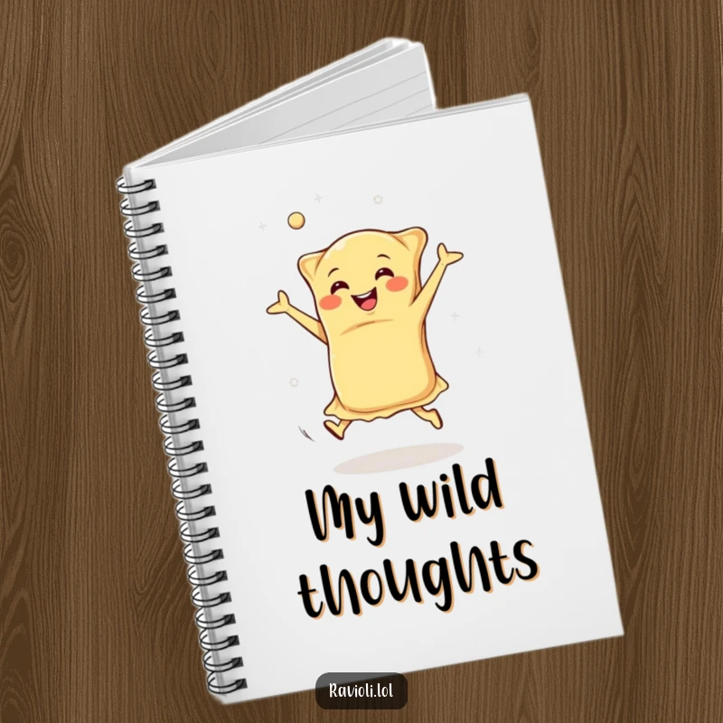 Funny happy ravioli cartwheeling with dough flying, notebook featuring a joyous Italian pasta character, great funny gift.