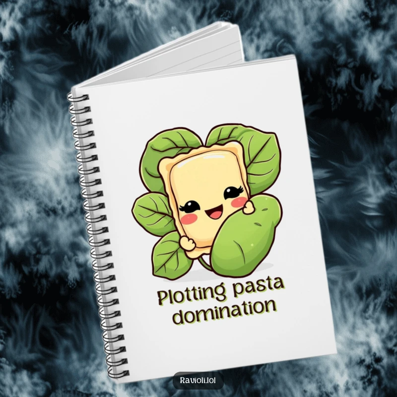 Funny notebook cover with a ravioli character grinning and peeking from behind a basil leaf, designed for taking notes with Italian culinary humor.