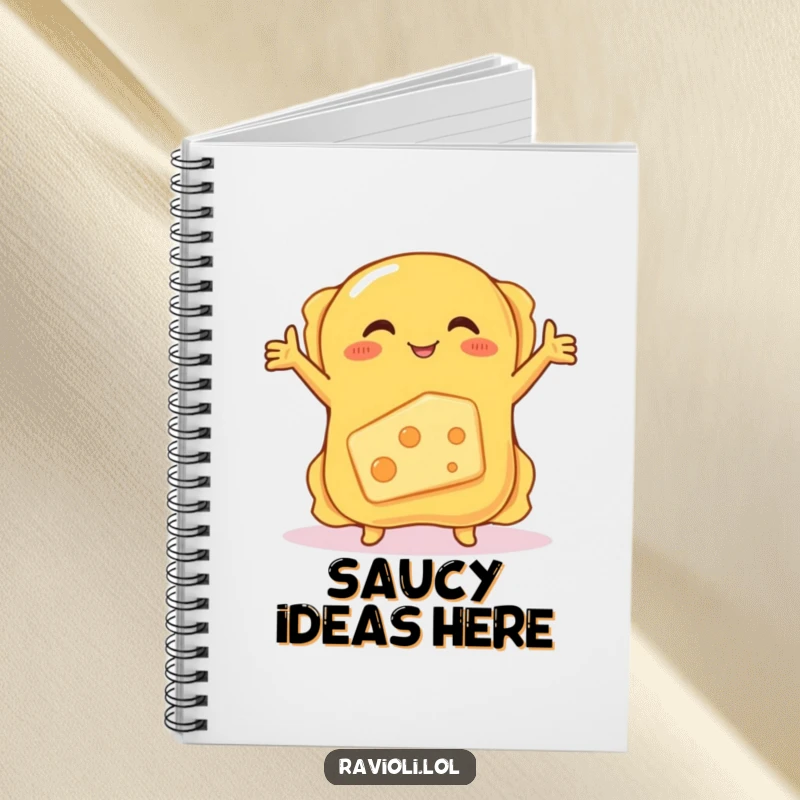 Funny notebook with a ravioli hugging a shy, blushing cheese, ideal for journaling and note-taking with a humorous touch.