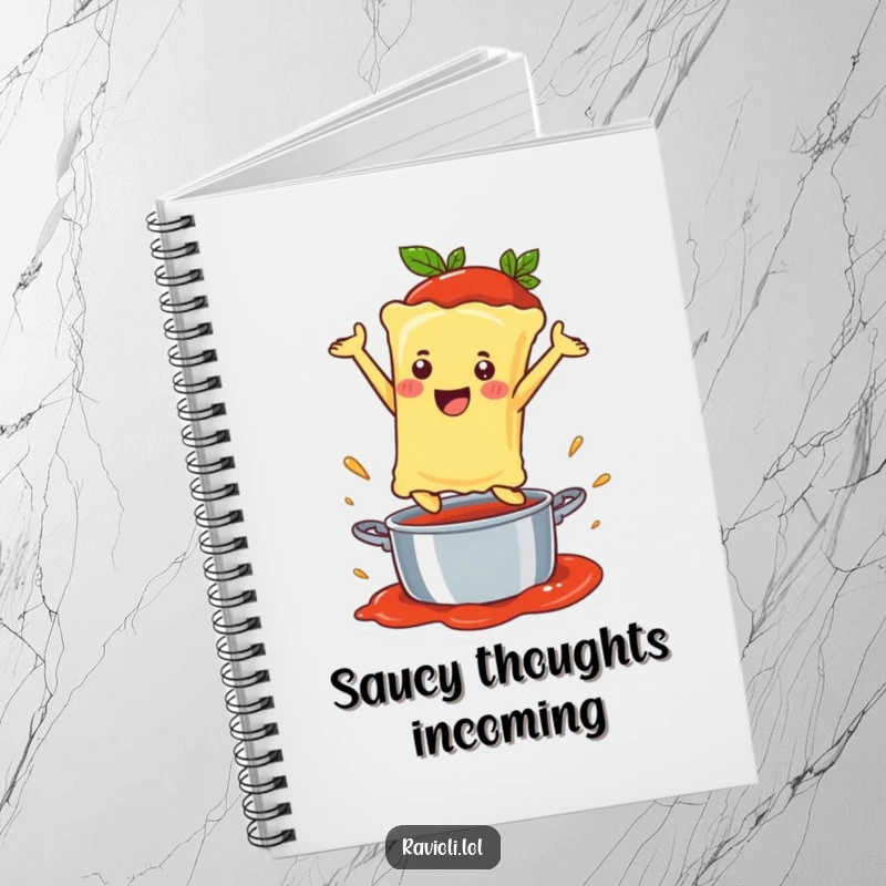 Funny Ravioli Notebook depicting a happy ravioli character leaping into a sauce pot, perfect for journaling.