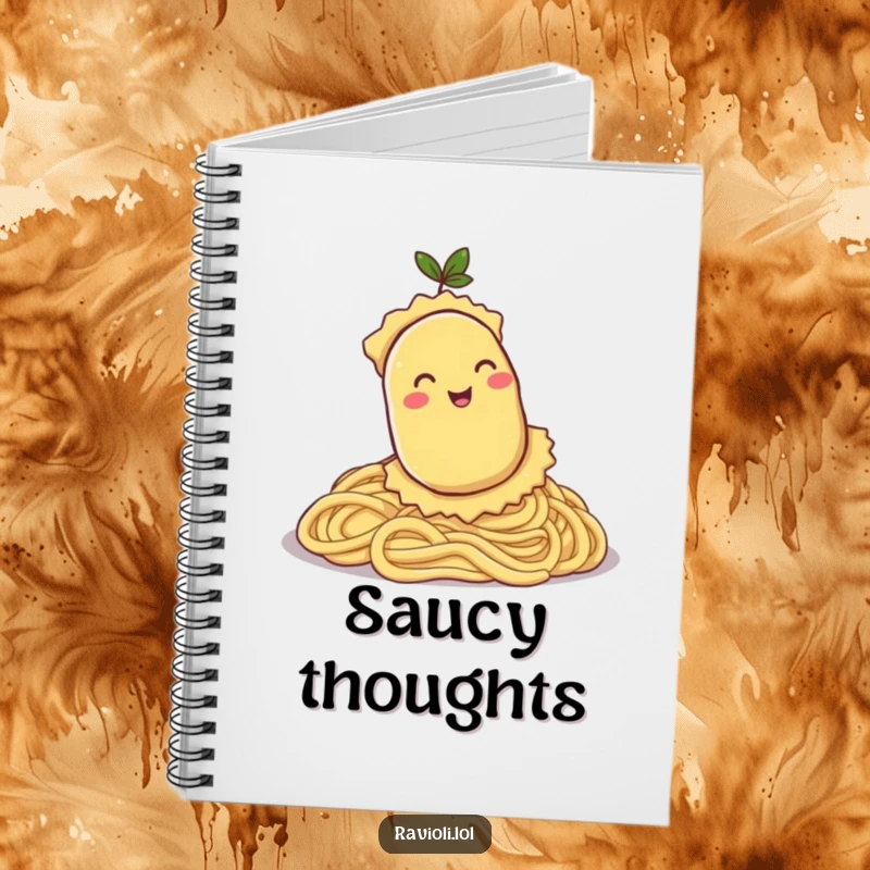 Funny notebook featuring a ravioli character rolling down a pasta hill, ideal for jotting down recipes and humorous thoughts.