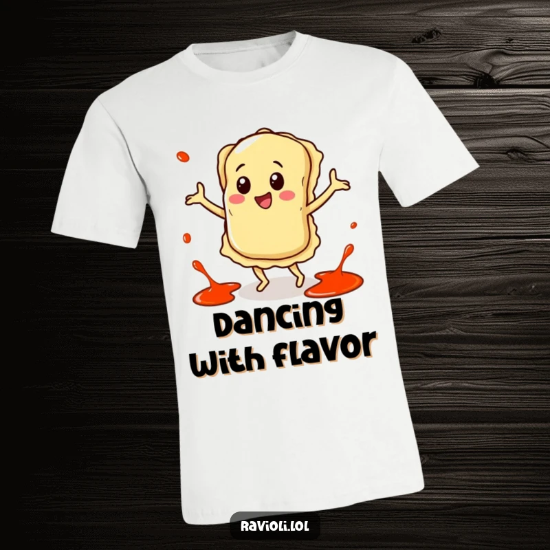 Funny t-shirt design of a cheerful ravioli character performing a joyful dance with dynamic sauce splatters flying around it, full of energy.