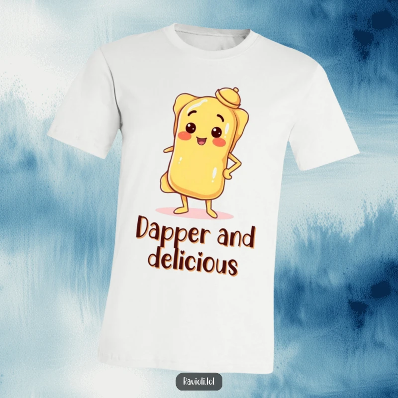Funny t-shirt featuring a ravioli in a confident pose, hand on hip, tiny hat tilted, exuding style and sass.