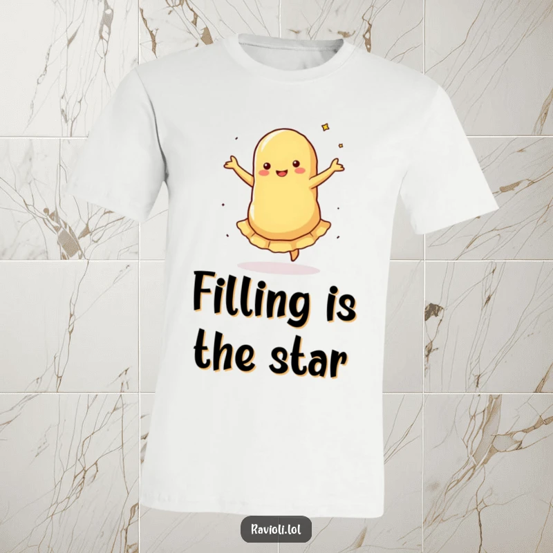 Funny T-Shirt: A ravioli executes a silly pirouette, its filling spinning, a humorous depiction of a pasta performer in motion.