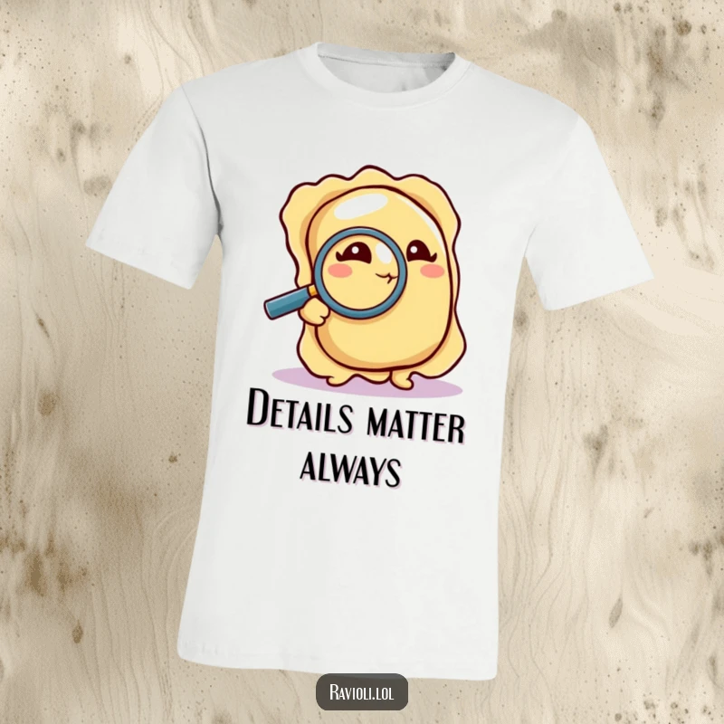 Funny T-Shirt: A ravioli peers intently at a crumb through a magnifying glass, a humorous portrayal of a meticulous food investigator.