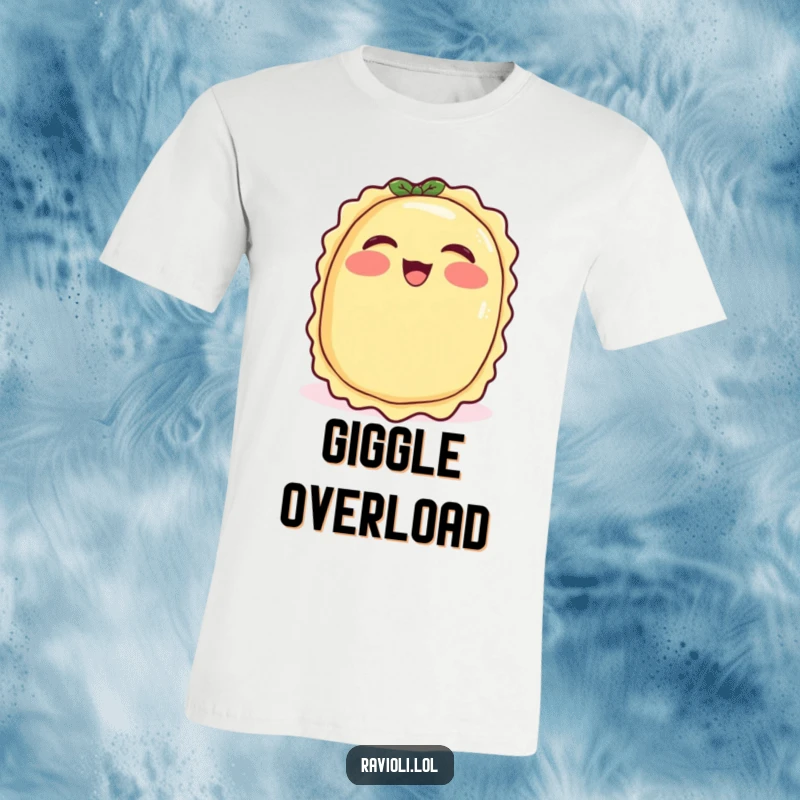 Funny ravioli with rosy cheeks uncontrollably giggling, cheerful t-shirt featuring a laughing Italian pasta character, great funny gift.