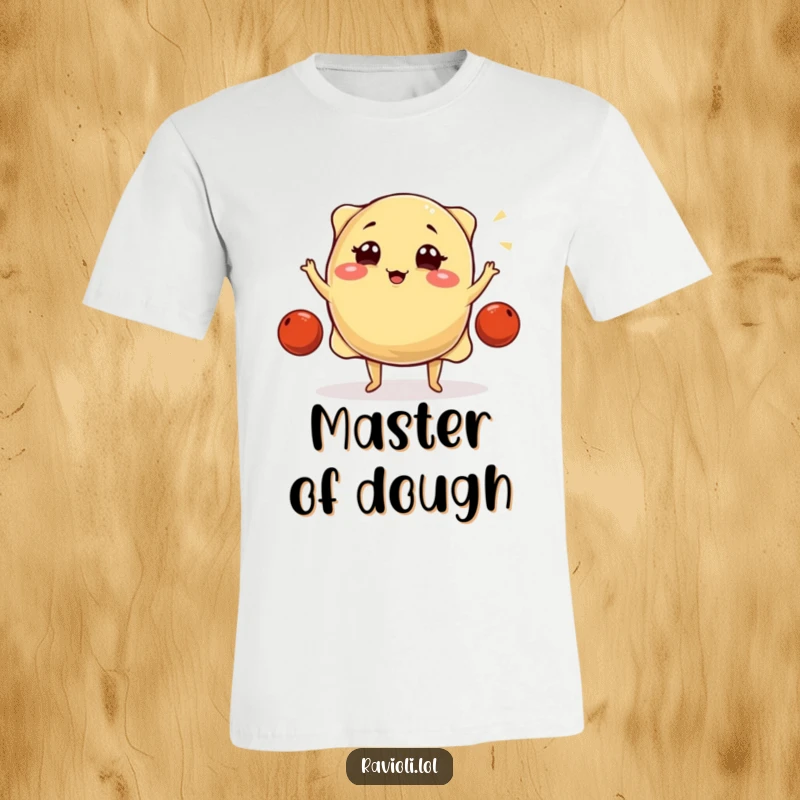A plump, smiling ravioli character winks and juggles tiny meatballs on this fun t-shirt, a hilarious and tasty treat.