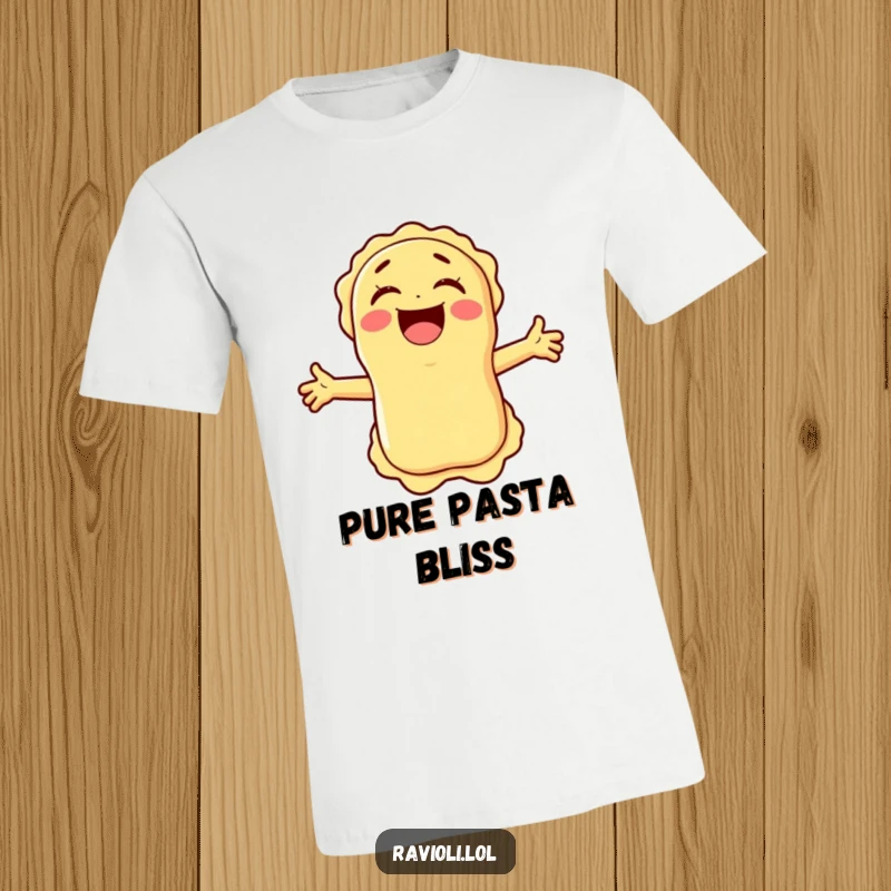 A joyful ravioli character with arms stretched wide, laughing heartily, printed on a t-shirt for a fun and humorous statement.