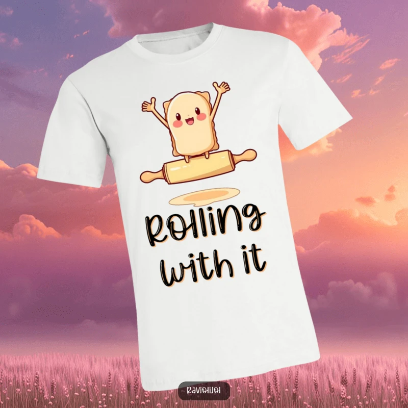 Funny ravioli character flailing arms while balancing on a rolling pin, pasta humor t-shirt, great funny gift.
