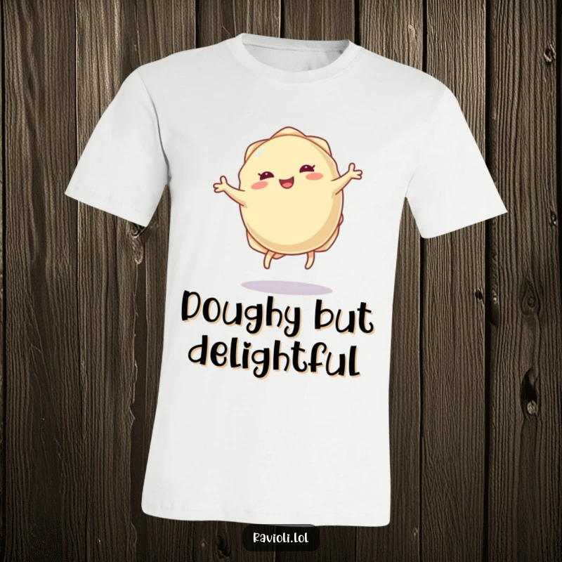 Funny ravioli dumpling t-shirt with tiny legs doing a joyful cartwheel, celebrating food, fun, and energetic joy.