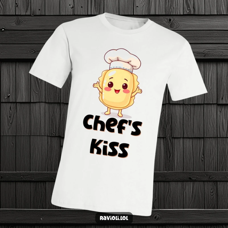 Funny ravioli character in a tiny chef hat, proudly presenting itself on a t-shirt, embodying culinary ambition and humor.