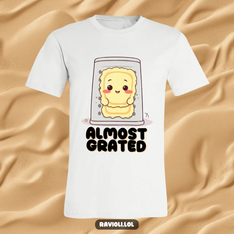 Funny ravioli character peeking from behind a massive cheese grater, embodying playful mischief on a t-shirt.
