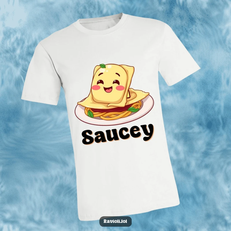 Funny Ravioli Plate T-Shirt: A ravioli character comically sliding into a plate with a goofy grin, ideal for food lovers.