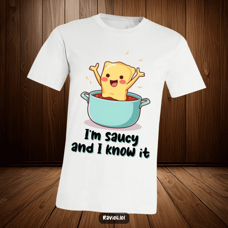 Funny t-shirt with a happy ravioli character mid-leap into a rich, red sauce, showcasing pure culinary bliss and humor.