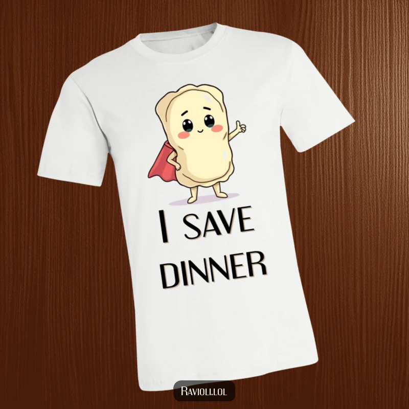 Funny ravioli character in a dramatic pose with a tiny cape, on a t-shirt, great for Italian food and superhero lovers.