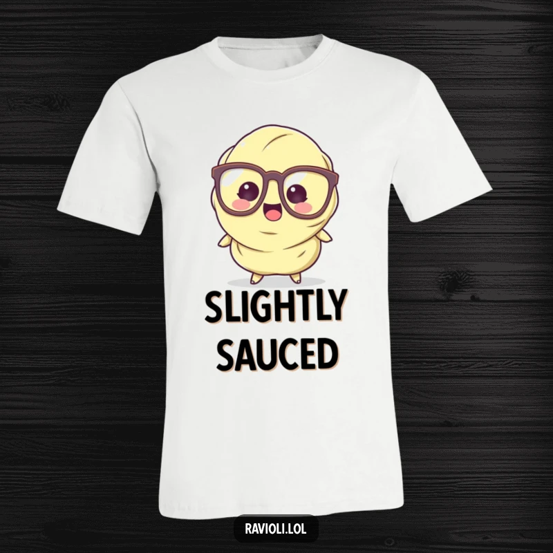 Funny Ravioli T-Shirt showing a pasta character with giant glasses tripping clumsily, making it a hilarious wearable joke.