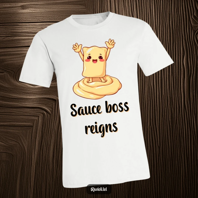 Funny t-shirt design of a ravioli character striking a heroic, triumphant pose atop a creamy, decadent swirl of sauce, celebrating victory.