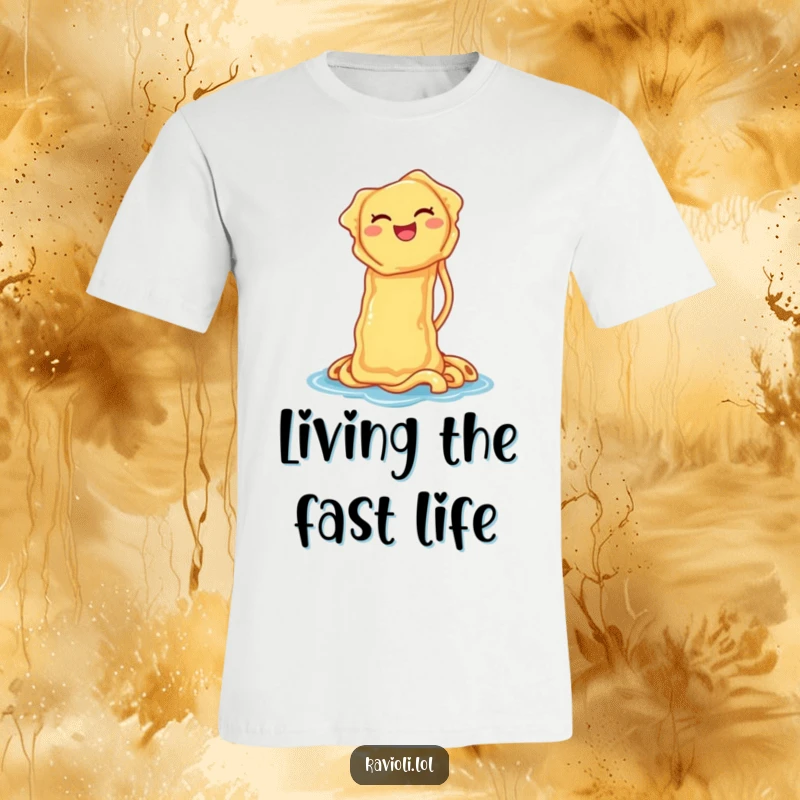 Funny t-shirt featuring a ravioli joyfully sliding down a noodle waterslide, capturing pure food-induced happiness.