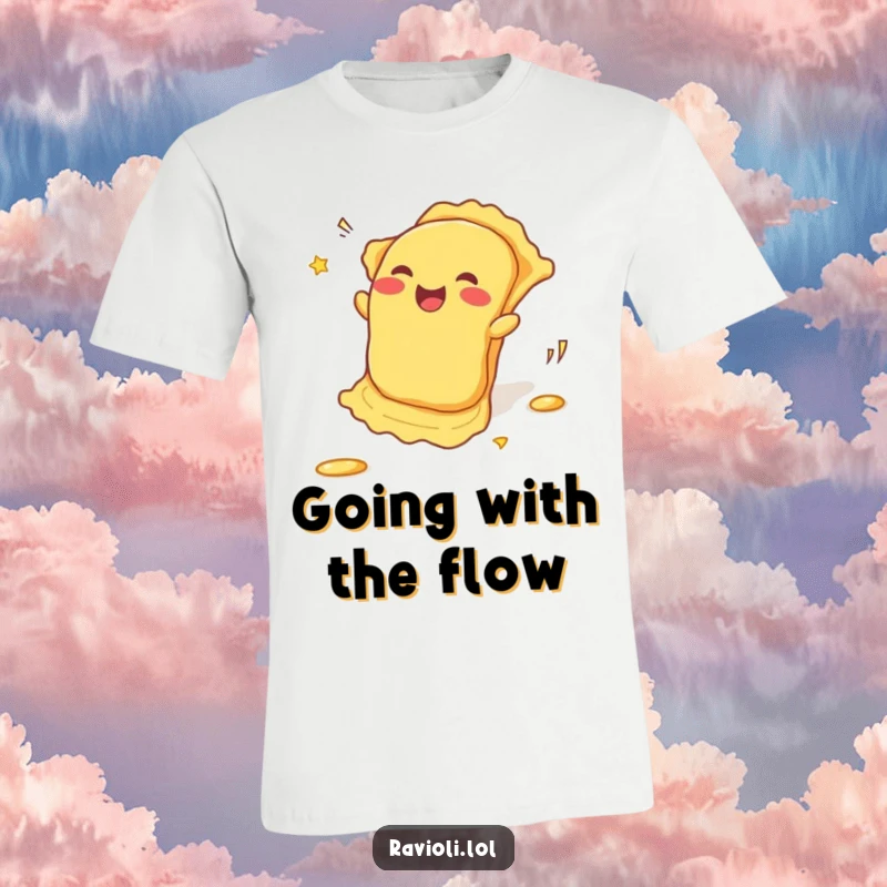 Funny T-Shirt: A ravioli enthusiastically rolls downhill, trailing laughter, a humorous depiction of pasta's wild adventure.