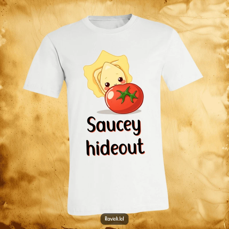 Funny t-shirt with a shy ravioli character peeking from behind a large tomato, a cute and humorous design.