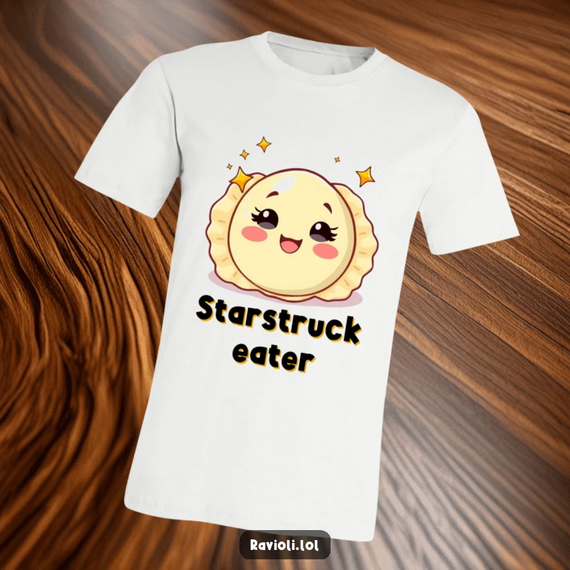 Funny ravioli with starry eyes spinning with delight, whimsical t-shirt featuring an enchanted Italian pasta character, great funny gift.