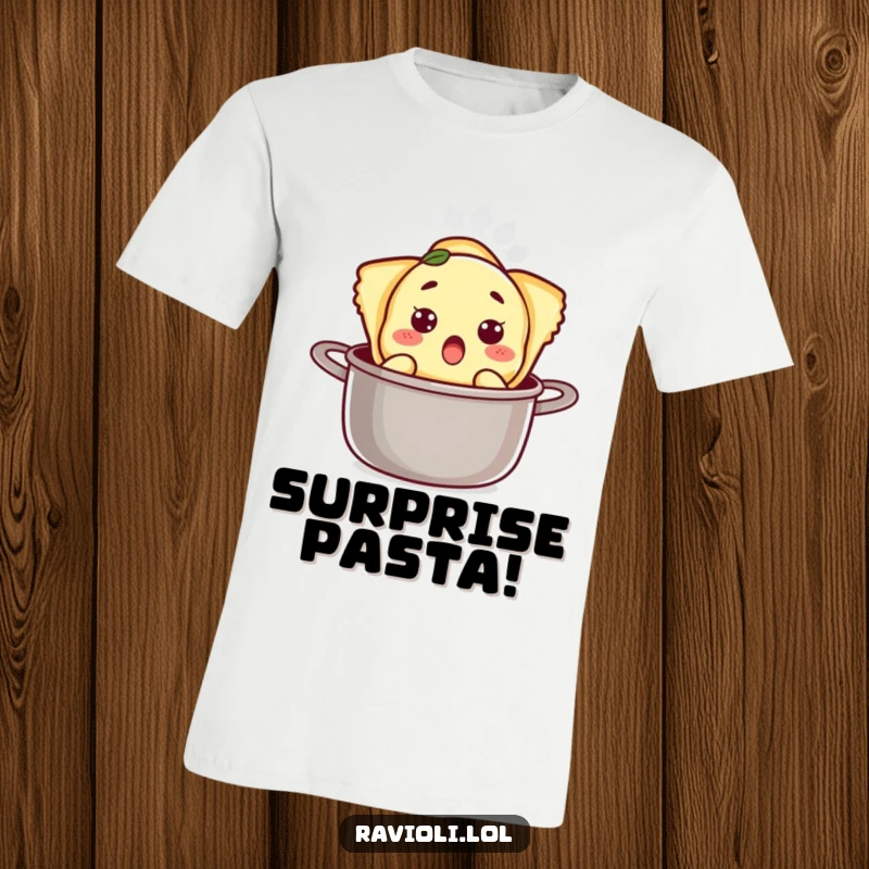 Funny ravioli character with a startled expression emerging from a cooking pot on a t-shirt, showcasing food humor.