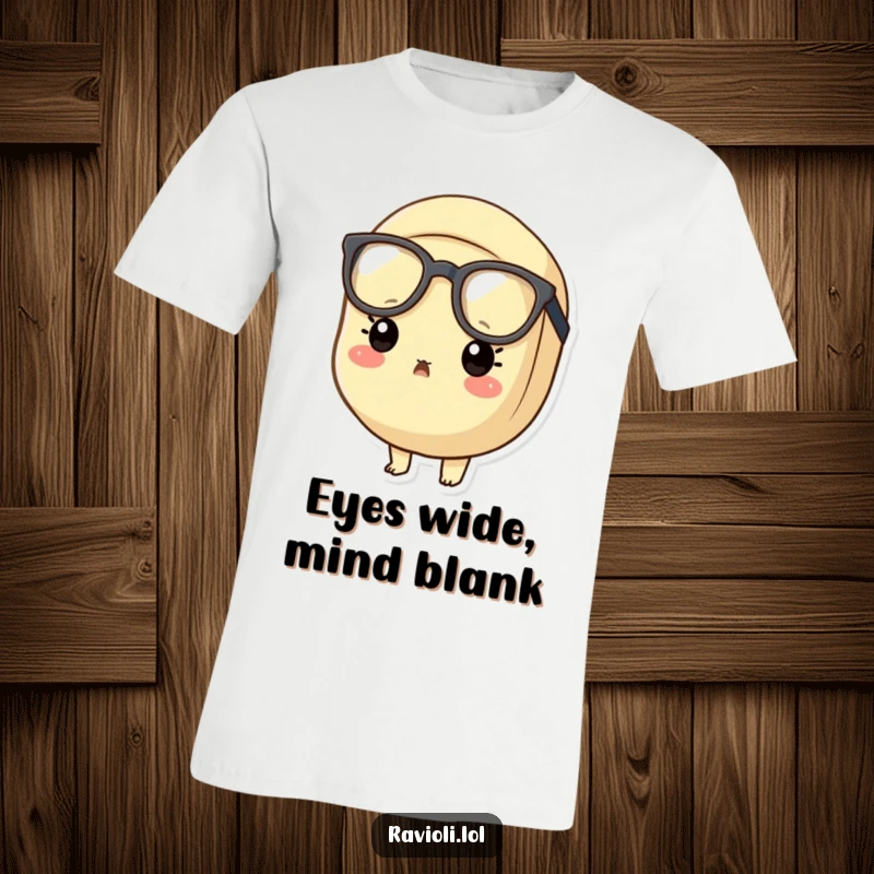 Funny surprised ravioli t-shirt depicting a ravioli character with tiny oversized glasses, looking comically shocked.
