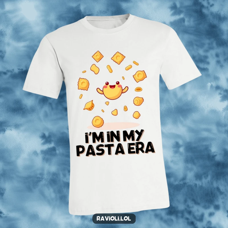 Funny ravioli character expertly juggling small spinning pasta shapes, printed on a comfortable t-shirt for a humorous and energetic look.