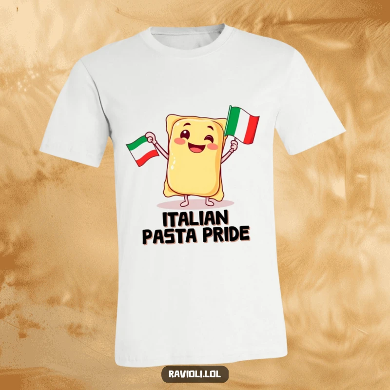 Funny ravioli character jubilantly waving an Italian flag, on a humorous t-shirt, perfect gift.