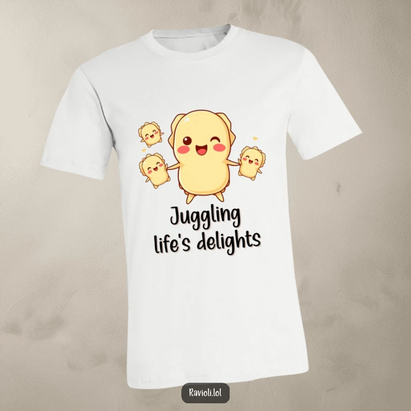 Funny ravioli juggling t-shirt depicting a cheerful ravioli character skillfully balancing smaller ravioli mid-air.