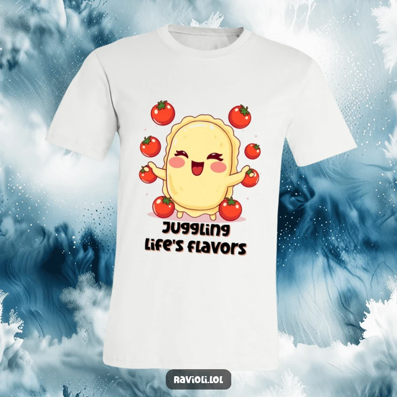 Funny t-shirt featuring a winking ravioli with a rosy cheek, juggling tiny tomatoes, a playful and delicious design.