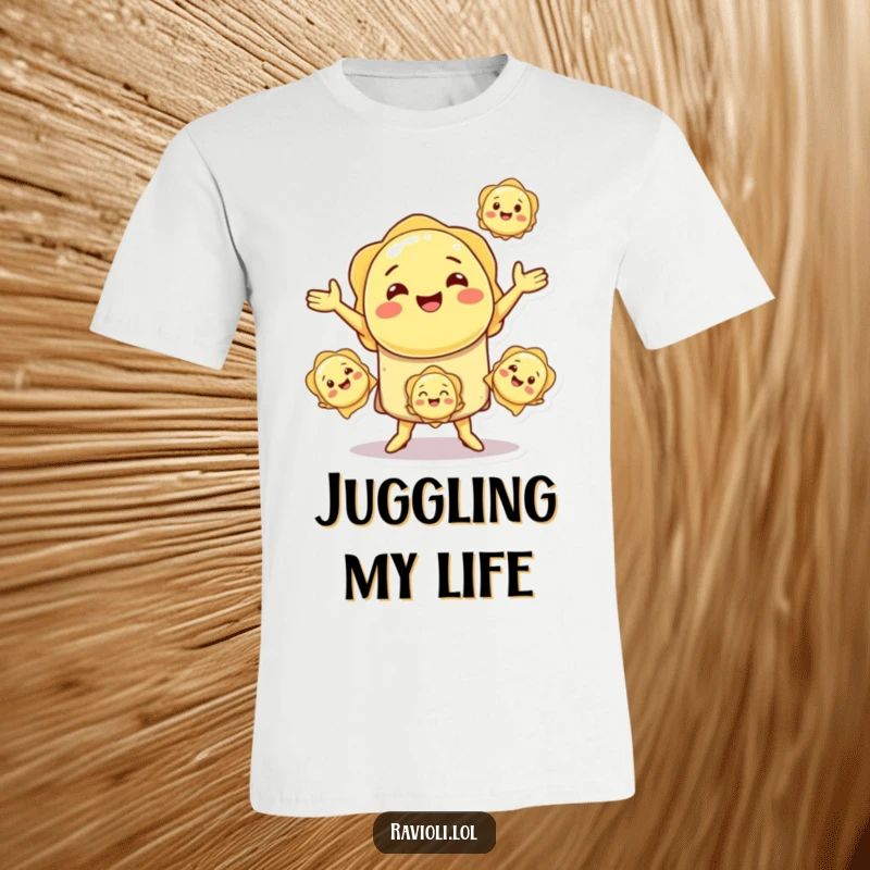 Funny smiling ravioli character juggling three smaller ravioli, wearing a cheerful expression on a t-shirt.