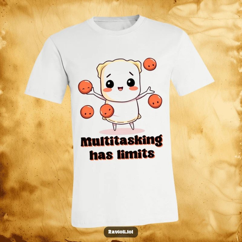 Funny ravioli character expertly juggling three small, wiggling meatballs, pasta humor tee shirt, great funny gift.